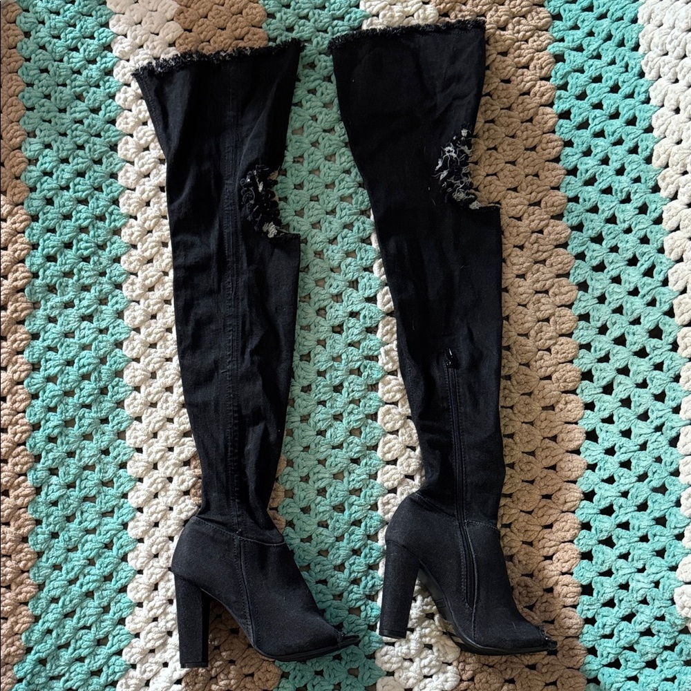 Bamboo Black Peep-Toe Thigh-High Jean Denim Distressed Boots Womans SZ 6.5 NEW
